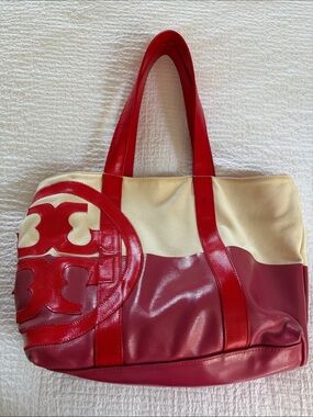 Tory Burch Set Red and Cream Canvas Tote with Patent Trim & Make up bag